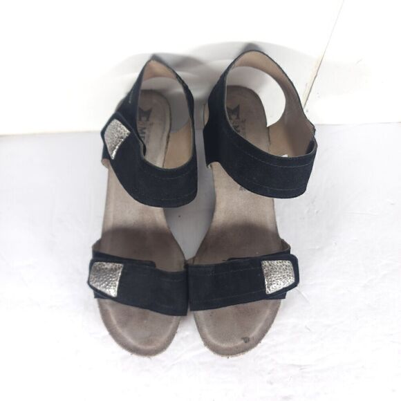 Mephisto Women's Jackie 40 US9-9,5 Black Leather Cork Embellished Wedge Sandals - Picture 4 of 16